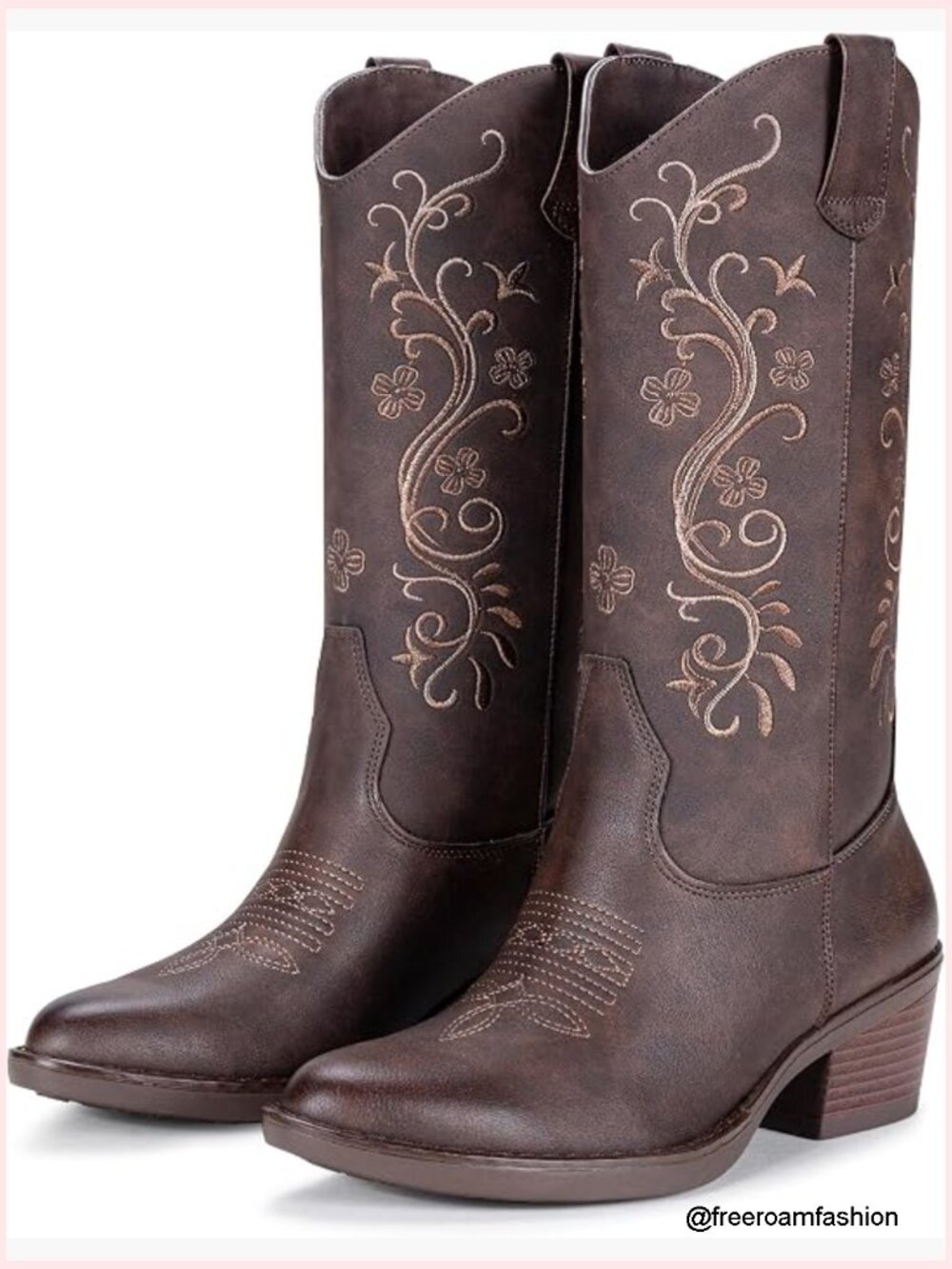 Floral Embroidered Cowboy Boots Mid Calf Pointed Toe Chunky Heel - Picture 1 of 7